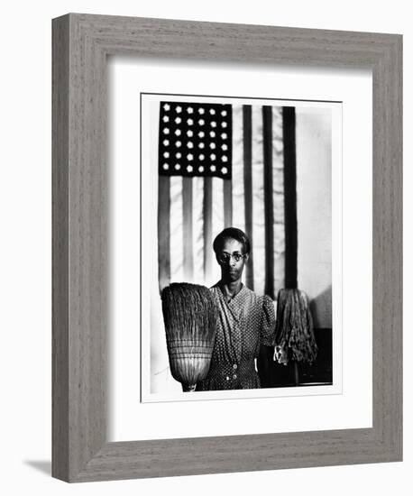 Ella Watson Standing with Broom and Mop in Front of American Flag, Part of Depression Era Survey-Gordon Parks-Framed Photographic Print