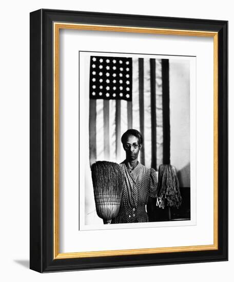 Ella Watson Standing with Broom and Mop in Front of American Flag, Part of Depression Era Survey-Gordon Parks-Framed Photographic Print