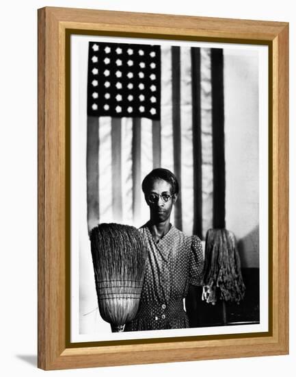 Ella Watson Standing with Broom and Mop in Front of American Flag, Part of Depression Era Survey-Gordon Parks-Framed Premier Image Canvas