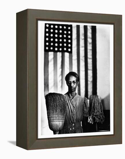 Ella Watson Standing with Broom and Mop in Front of American Flag, Part of Depression Era Survey-Gordon Parks-Framed Premier Image Canvas