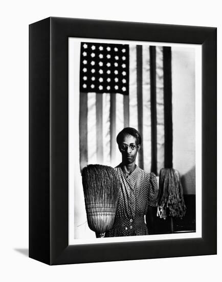 Ella Watson Standing with Broom and Mop in Front of American Flag, Part of Depression Era Survey-Gordon Parks-Framed Premier Image Canvas