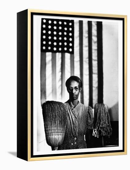 Ella Watson Standing with Broom and Mop in Front of American Flag, Part of Depression Era Survey-Gordon Parks-Framed Premier Image Canvas