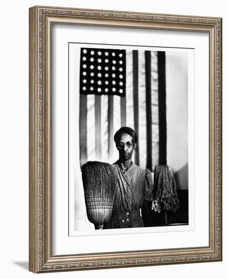 Ella Watson Standing with Broom and Mop in Front of American Flag, Part of Depression Era Survey-Gordon Parks-Framed Photographic Print