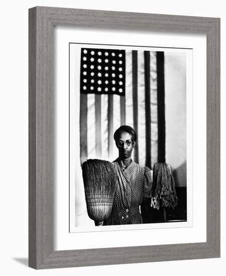 Ella Watson Standing with Broom and Mop in Front of American Flag, Part of Depression Era Survey-Gordon Parks-Framed Photographic Print