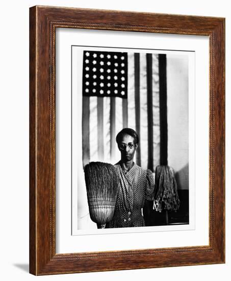 Ella Watson Standing with Broom and Mop in Front of American Flag, Part of Depression Era Survey-Gordon Parks-Framed Photographic Print