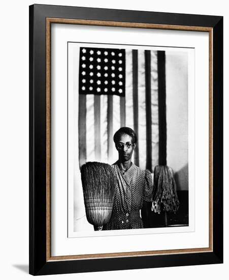 Ella Watson Standing with Broom and Mop in Front of American Flag, Part of Depression Era Survey-Gordon Parks-Framed Photographic Print