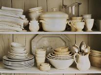 White Tableware and Table Cloths on a Kitchen Shelf-Ellen Silverman-Photographic Print