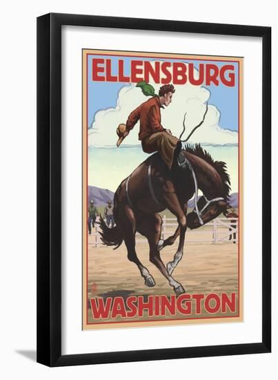 Ellensburg, Washington - Cowboy and Bronco Scene-Lantern Press-Framed Art Print