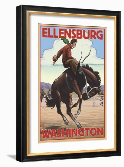 Ellensburg, Washington - Cowboy and Bronco Scene-Lantern Press-Framed Art Print