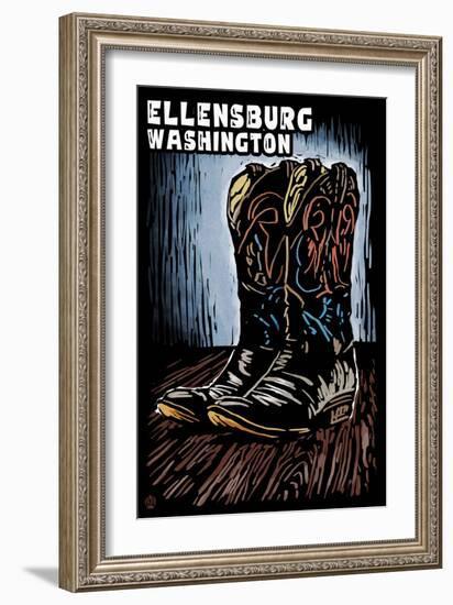 Ellensburg, Washington - Cowboy Boots - Scratchboard-Lantern Press-Framed Art Print