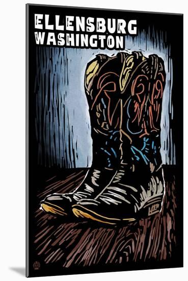 Ellensburg, Washington - Cowboy Boots - Scratchboard-Lantern Press-Mounted Art Print