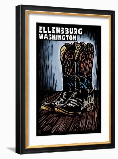 Ellensburg, Washington - Cowboy Boots - Scratchboard-Lantern Press-Framed Art Print