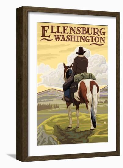 Ellensburg, Washington - Cowboy on Ridge-Lantern Press-Framed Art Print