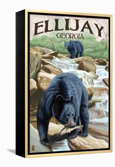 Ellijay, Georgia - Black Bears Fishing-Lantern Press-Framed Stretched Canvas