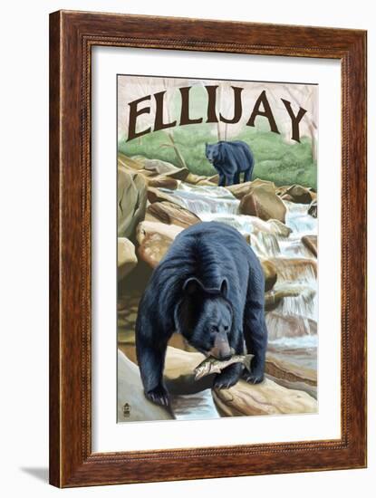 Ellijay, Georgia - Black Bears Fishing-Lantern Press-Framed Art Print