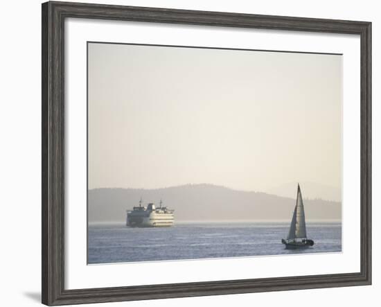 Elliott Bay Sailboat and Ferry, Seattle, Washington, USA-Merrill Images-Framed Photographic Print