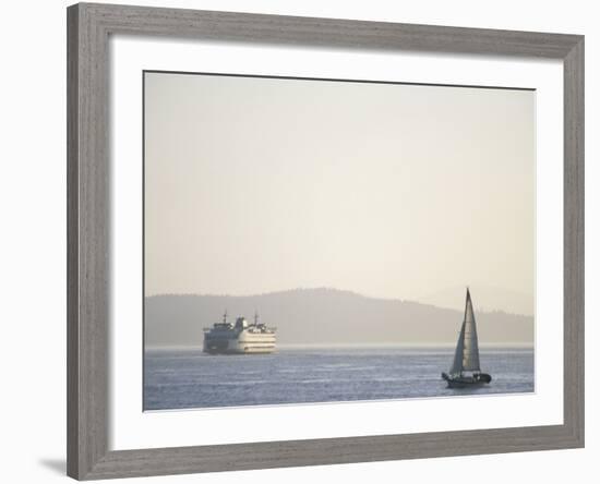 Elliott Bay Sailboat and Ferry, Seattle, Washington, USA-Merrill Images-Framed Photographic Print