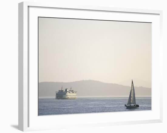 Elliott Bay Sailboat and Ferry, Seattle, Washington, USA-Merrill Images-Framed Photographic Print