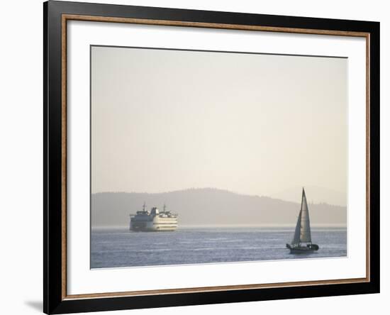 Elliott Bay Sailboat and Ferry, Seattle, Washington, USA-Merrill Images-Framed Photographic Print