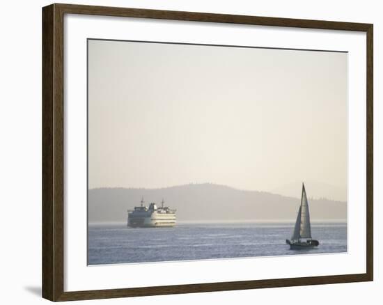 Elliott Bay Sailboat and Ferry, Seattle, Washington, USA-Merrill Images-Framed Photographic Print