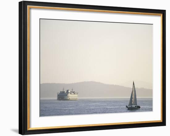 Elliott Bay Sailboat and Ferry, Seattle, Washington, USA-Merrill Images-Framed Photographic Print