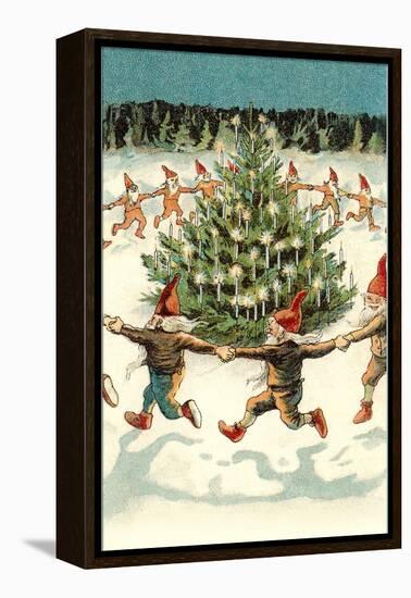 Elves Dancing around Christmas Tree-null-Framed Stretched Canvas