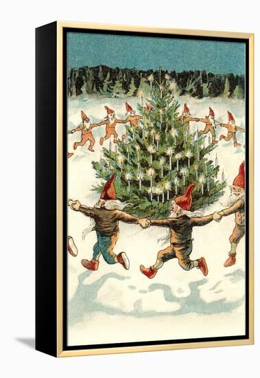 Elves Dancing around Christmas Tree-null-Framed Stretched Canvas