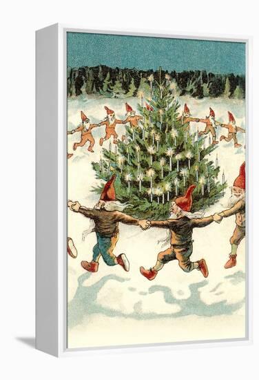 Elves Dancing around Christmas Tree-null-Framed Stretched Canvas