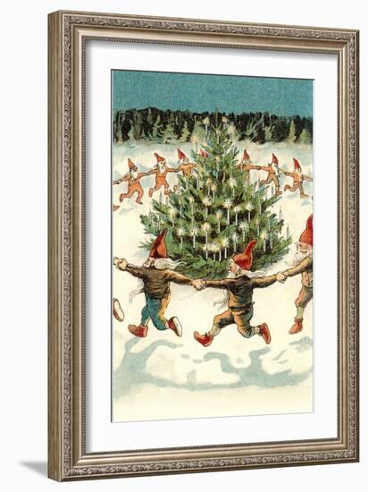 Elves Dancing around Christmas Tree-null-Framed Art Print