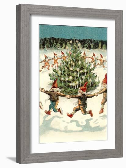 Elves Dancing around Christmas Tree-null-Framed Art Print