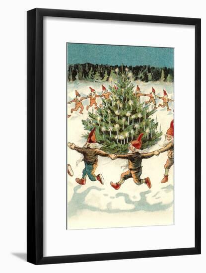 Elves Dancing around Christmas Tree-null-Framed Art Print