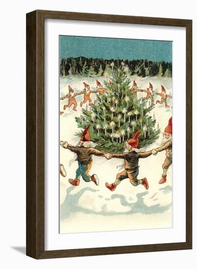 Elves Dancing around Christmas Tree-null-Framed Art Print