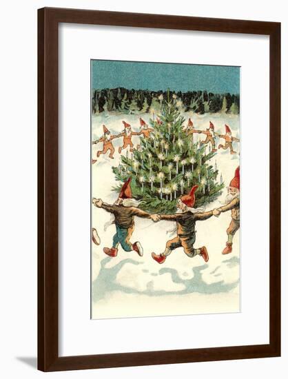 Elves Dancing around Christmas Tree-null-Framed Art Print