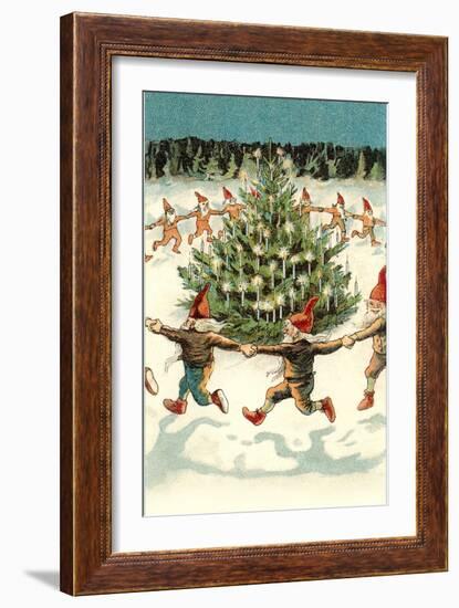 Elves Dancing around Christmas Tree-null-Framed Art Print