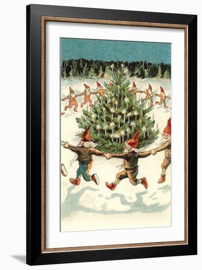 Elves Dancing around Christmas Tree-null-Framed Art Print