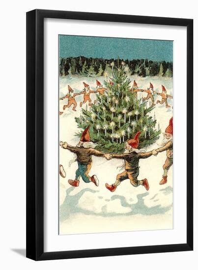 Elves Dancing around Christmas Tree--Framed Art Print