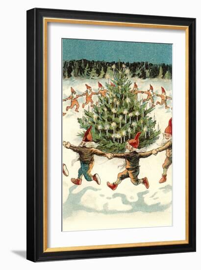 Elves Dancing around Christmas Tree-null-Framed Art Print