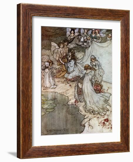 Elves Making Rose Necklaces. Illustration by Arthur RACKHAM (1867-1939) for the Dream of a Summer N-Arthur Rackham-Framed Giclee Print