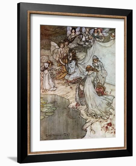 Elves Making Rose Necklaces. Illustration by Arthur RACKHAM (1867-1939) for the Dream of a Summer N-Arthur Rackham-Framed Giclee Print