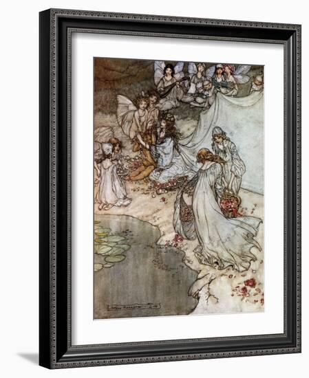 Elves Making Rose Necklaces. Illustration by Arthur RACKHAM (1867-1939) for the Dream of a Summer N-Arthur Rackham-Framed Giclee Print