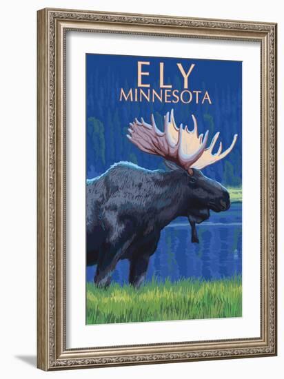 Ely, Minnesota - Moose at Night-Lantern Press-Framed Art Print