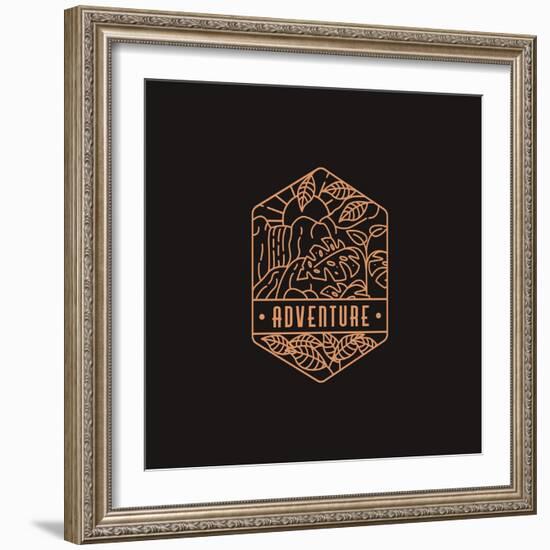 Emblem Forest and Waterfall Adventure Illustration Vector Template with Line Art Style on Black Bac-DOMSTOCK-Framed Photographic Print