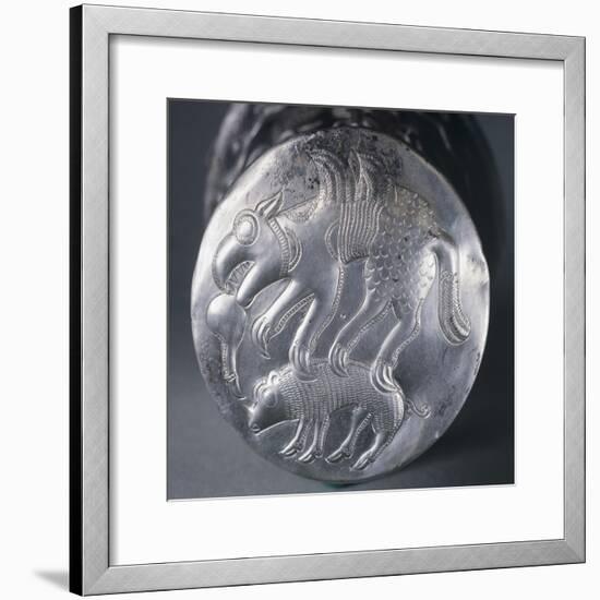 Embossed Silver Bottom of Vase Depicting Mythical Animal Attacking Another-null-Framed Giclee Print