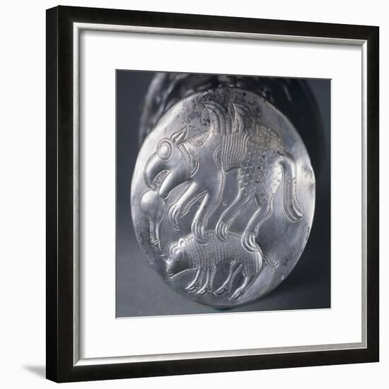 Embossed Silver Bottom of Vase Depicting Mythical Animal Attacking Another-null-Framed Giclee Print