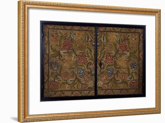 Embroidered Panel of Cabinet in Wood Painted Ebony Black, Italy, Detail-null-Framed Giclee Print