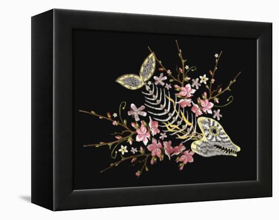 Embroidery Fish Bone and Blossoming Cherryflowers, Gothic Art Background. Embroidery Skeleton of Fi-matrioshka-Framed Stretched Canvas