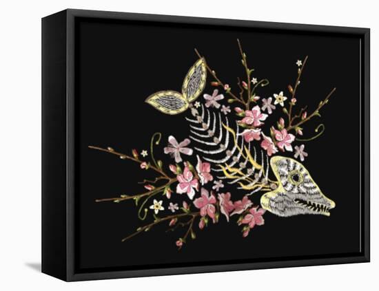 Embroidery Fish Bone and Blossoming Cherryflowers, Gothic Art Background. Embroidery Skeleton of Fi-matrioshka-Framed Stretched Canvas