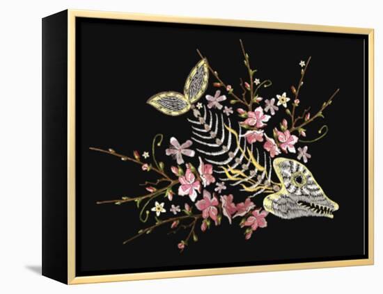 Embroidery Fish Bone and Blossoming Cherryflowers, Gothic Art Background. Embroidery Skeleton of Fi-matrioshka-Framed Stretched Canvas