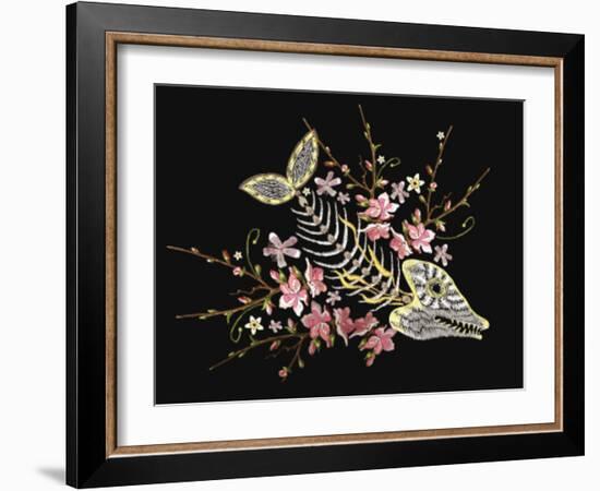 Embroidery Fish Bone and Blossoming Cherryflowers, Gothic Art Background. Embroidery Skeleton of Fi-matrioshka-Framed Art Print