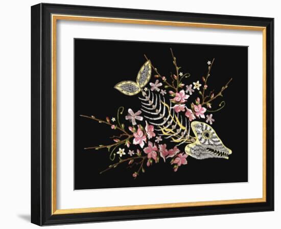 Embroidery Fish Bone and Blossoming Cherryflowers, Gothic Art Background. Embroidery Skeleton of Fi-matrioshka-Framed Art Print